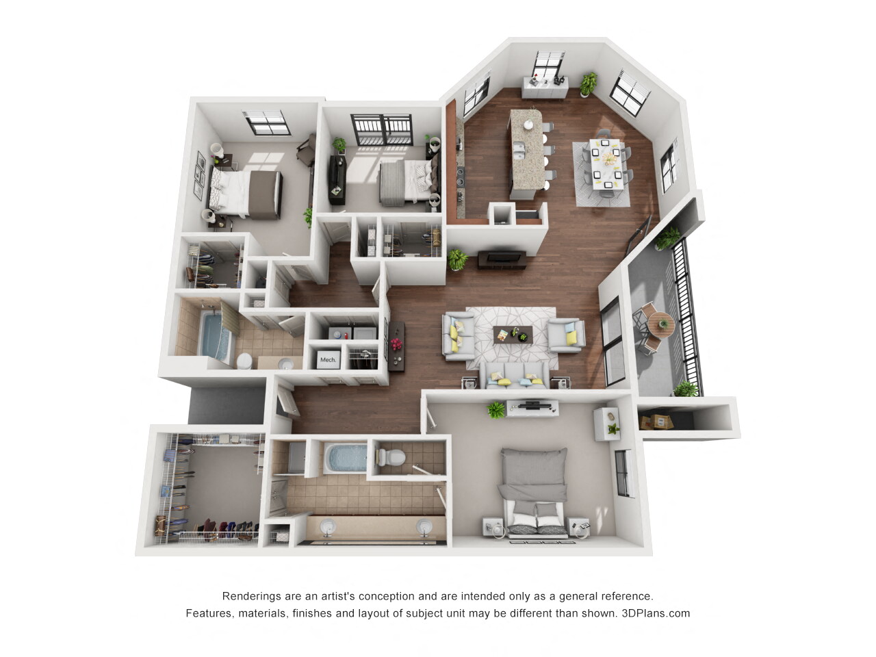 Floor plan for 3 beds, 2 baths, 1973 sqft